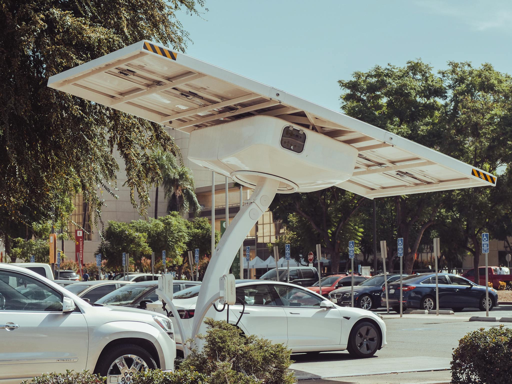 Modern solar-powered charging station for electric vehicles on a sunny day.